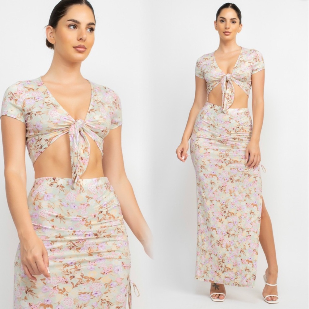 Sage floral print crop top and skirt set